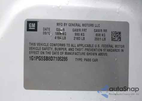 2013 Chevrolet Cruze Ltz z USA, uszkodzony, nr VIN 1G1PG5SB8D7106286